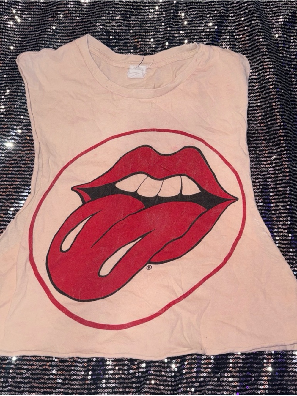 the Rolling Stones Pink Muscle Tee with Red Tongue Logo